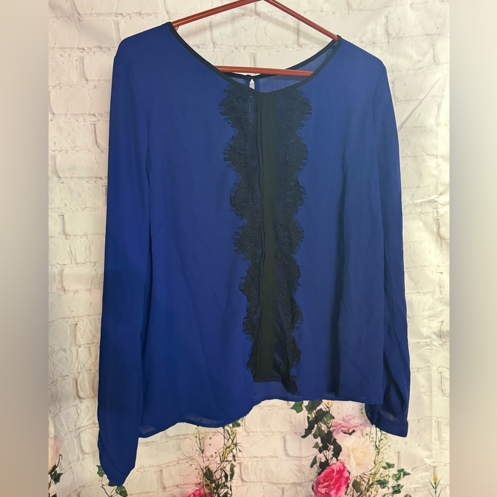Covington Royal Blue Blouse with Black Lace Accent